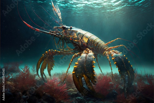  a lobster is swimming in the ocean water with its legs spread out and it's head turned to the side, with its legs extended, and legs, and feet, and feet, with a.