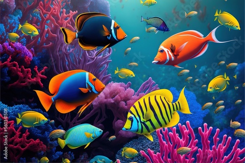  a painting of a group of fish swimming in the ocean with corals and sponges on the bottom of the water and a coral reef in the background is a blue sky with white.