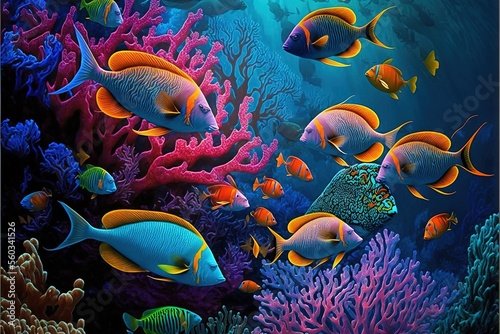  a painting of a group of fish swimming over a coral reef with corals and sponges on the bottom of the water, with a blue background of corals and yellow and orange.