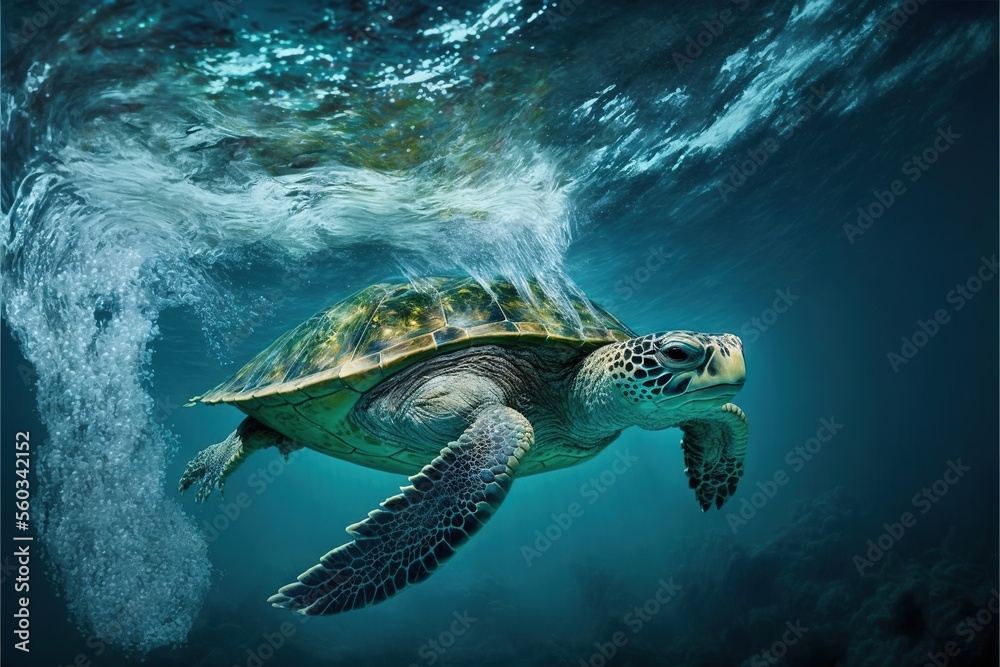  a turtle swimming in the ocean with a wave coming up from its back and its head above the water surface, with a blue background of water and a wave coming up from the bottom.