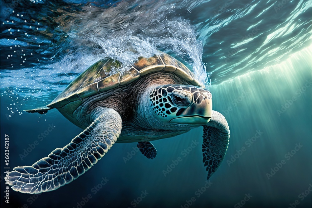 Obraz premium a turtle swimming in the ocean with a blue background and water splashing around it's head and body, with a light shining on its back side of the turtle's head.