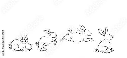 Running, jumping rabbit, bunny, hare. Vector one continuous line art illustrations set. Rabbit in jump