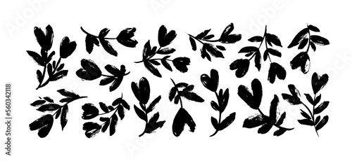 Collection with floral branches with heart blooms. Brush drawn vector botanical elements isolated on white background. Children style floral stems for love holidays or weddings. Hand drawn silhouettes
