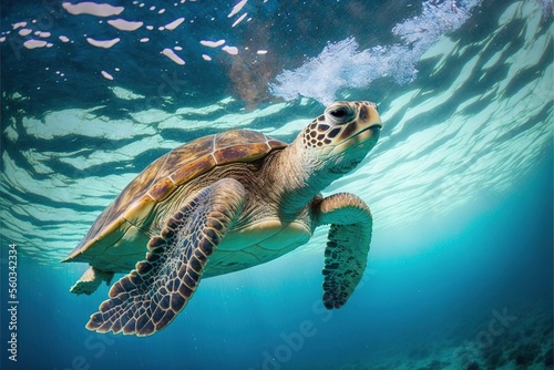  a turtle swimming in the ocean with a lot of bubbles on the water's surface and a person swimming underneath it in the water, with a mask on his head, and a.