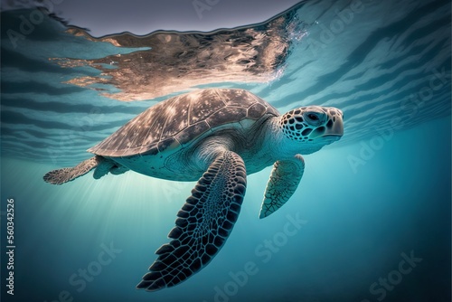  a turtle swimming in the ocean with a sunbeam above it's head and a body of water below it, with a light reflecting off the water surface, and a few waves.