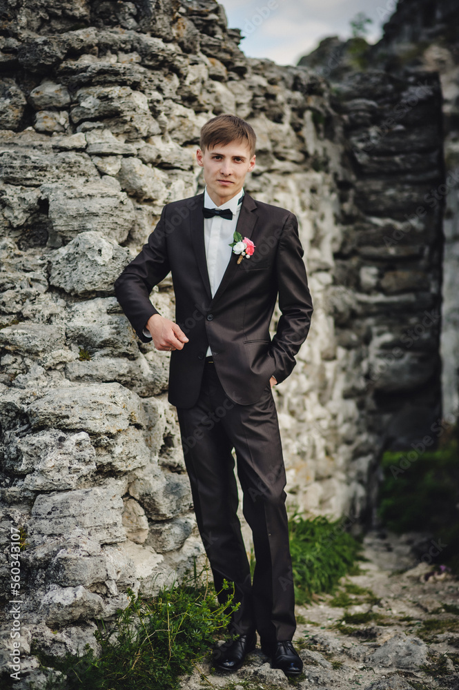The attractive groom with bow tie in a suit with boutonniere or buttonhole on jacket, is stands on the background stony, rocky wall. Wedding ceremony in country. The attractive groom with bow tie in a suit with boutonniere or buttonhole on jacket, is stands on the background stony, rocky wall. Wedding ceremony in country.