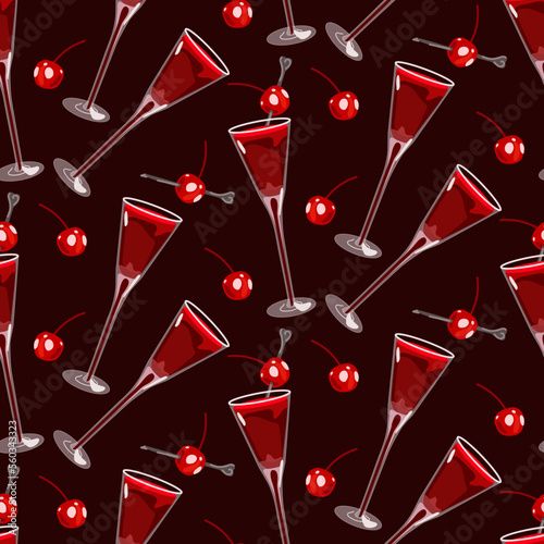 A pattern of several glasses with cherry tincture for Valentine's Day. Glass glasses with cherries on a skewer. Background for printing on textiles and paper. Festive packaging. Vector illustration.