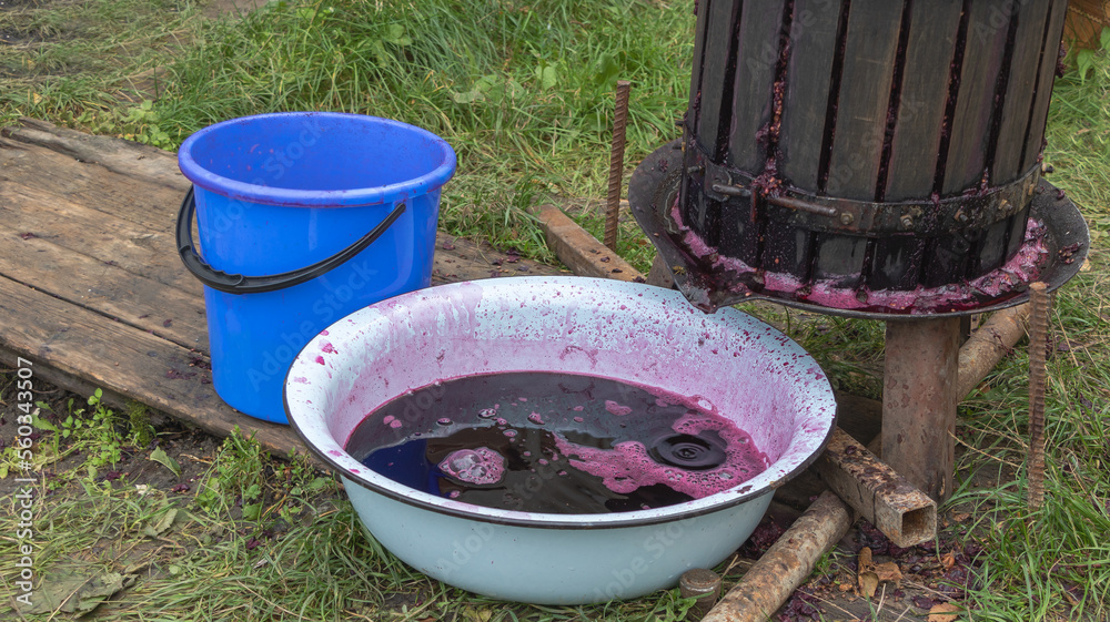 Concept for making red wine - pressing the wine with a wine squeezer - Red wine poured into a bowl Concept for making red wine - pressing the wine with a wine squeezer - Red wine poured into a bowl