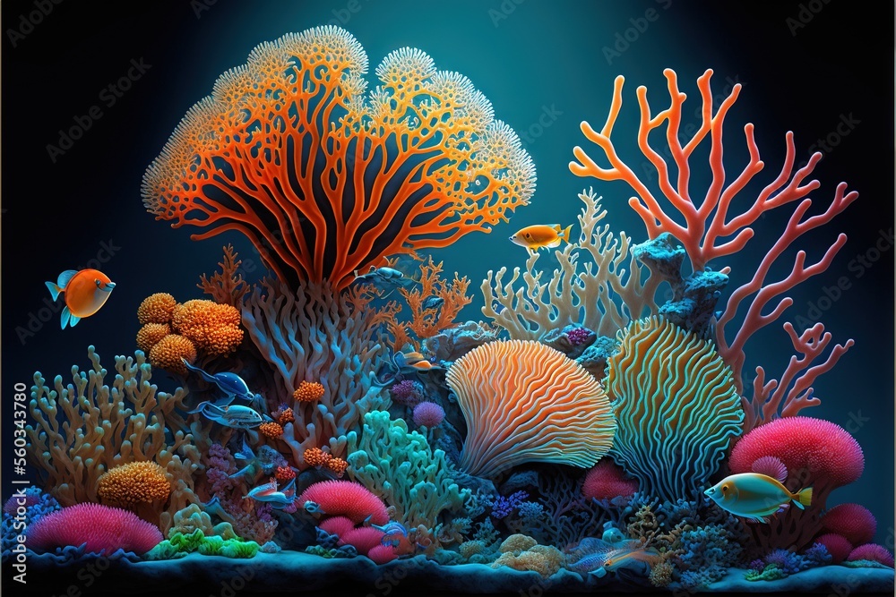 a painting of a coral reef with fish and corals on it's sides and a