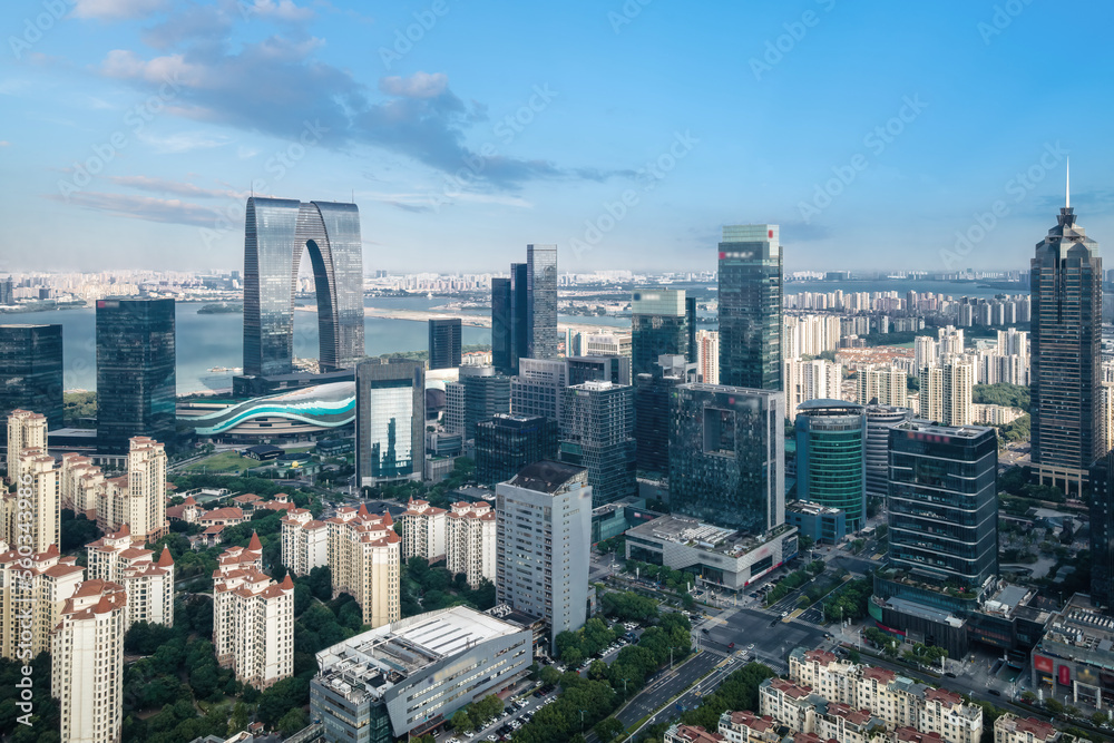 Obraz premium Aerial photography of Suzhou Jinji Lake CBD urban buildings