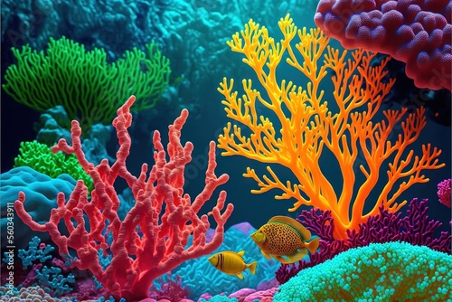  a colorful coral reef with a fish and corals in the background with a blue sky background with a few clouds in the sky above it and a few clouds in the water below it.