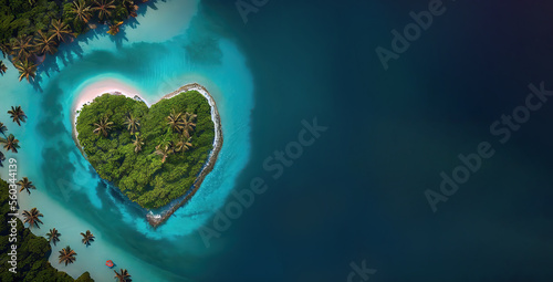 Decert greeny island in the form of heart. Valentine's day. Top view. Drone view. Blue ocean. Copy space. Generative AI