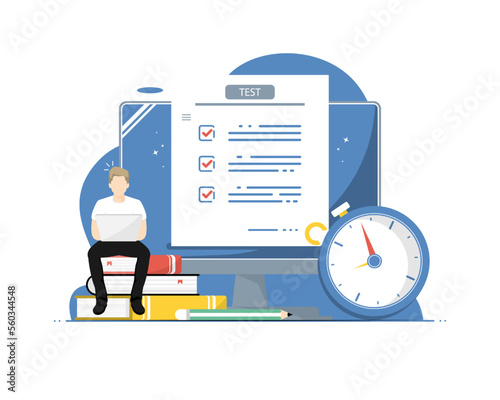 Online test concept, Human sitting typing laptop with paperwork, Digital marketing illustration.