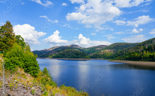 Nature at the Odertalsperre in the Harz Mountains, near Bad Lauterberg. View of the Oder reservoir with the surrounding landscape. 