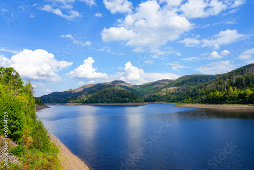 Nature at the Odertalsperre in the Harz Mountains, near Bad Lauterberg. View of the Oder reservoir with the surrounding landscape. 