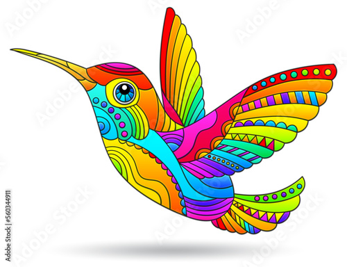A stained glass-style illustration with a bright hummingbird bird, an animal isolated on a white background