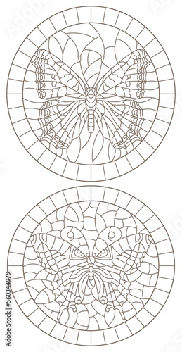 A set of illustrations in the style of stained glass with openwork butterflies, dark contours on a white background