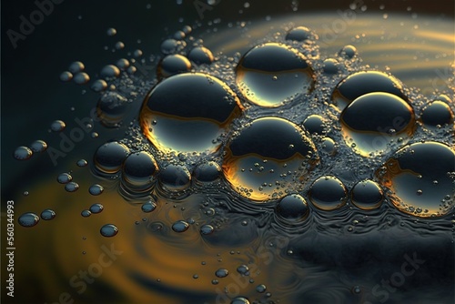  a group of water droplets floating on top of a yellow and black surface with a black background and a yellow and black background with a black border and white border with a yellow border and.
