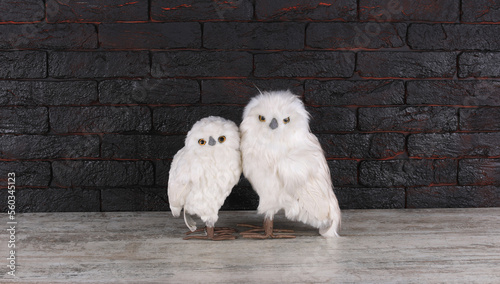 artificial white owls on a black background