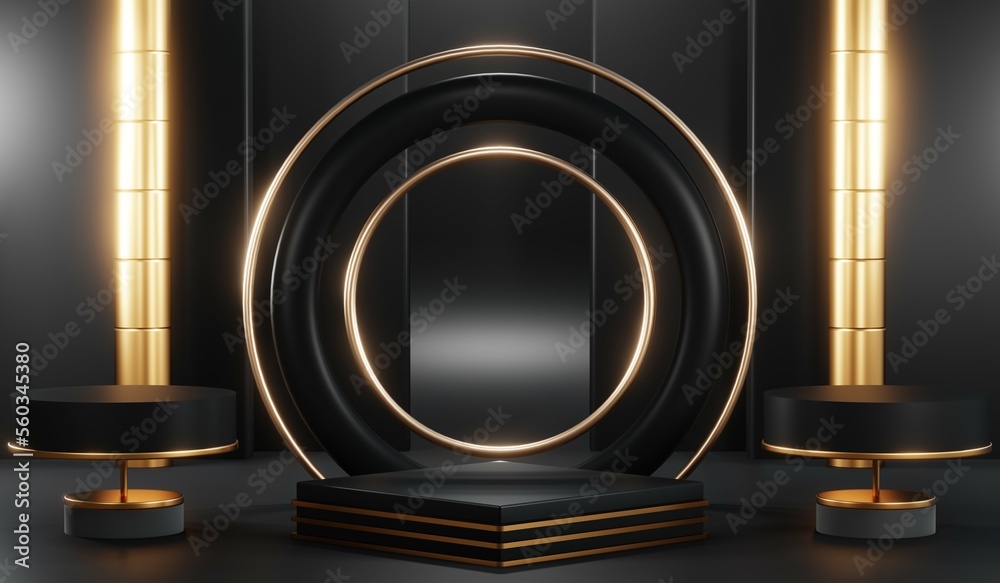 3D rendering of backdrop black podium background show room for black friday products on podium