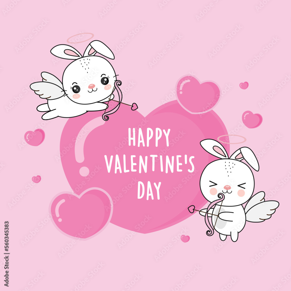 Cute couple bunny cupid  shot heart for Valentine day.