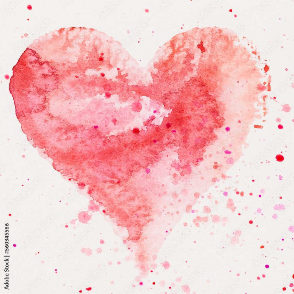 Watercolor painted pink heart, on the white watercolor paper.