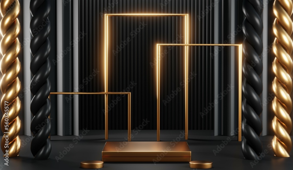 3D rendering of backdrop black podium background show room for black friday products on podium