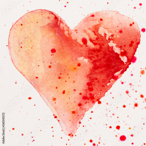Watercolor painted pink heart, on the white watercolor paper.