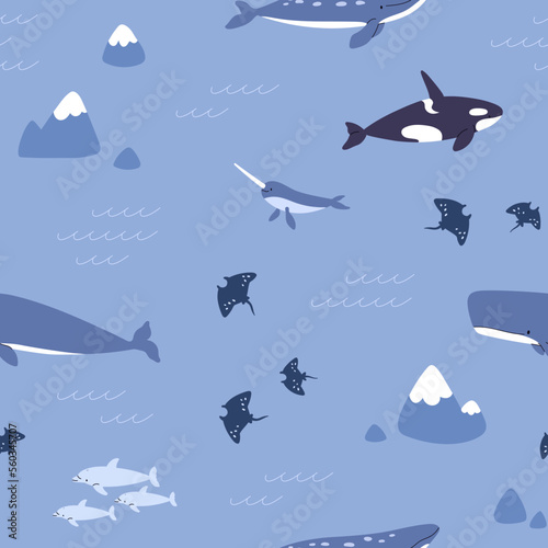 Seamless underwater pattern. Sea and ocean fishes  animals on endless background. Kids repeating under water print. Undersea marine texture design for fabric. Colored flat graphic vector illustration