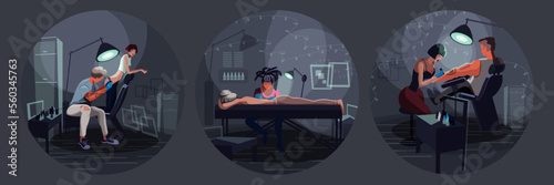 Characters in tattoo parlor. Artist drawing tattoo man and woman in studio. Set of flat style illustration. Vector