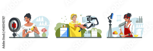 Video blogging set. Young woman record review on cosmetics in beauty blog. Character on apiary with live content. Chef cooking on kitchen with online tutorial. Vector illustration