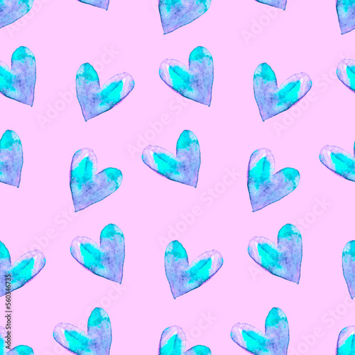 Seamless pattern with watercolor hearts. Romantic love hand drawn backgrounds texture. For greeting cards, wrapping paper, wedding, birthday, fabric, textile, Valentines Day, mothers Day, easter