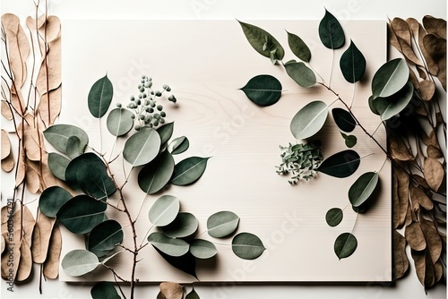  a cutting board with leaves and a flower on it with a white background with a white board with a white board with a green leaf and white board on it with a white background with.