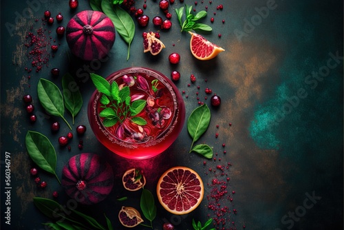  a drink with a garnish of pomegranate and leaves on a dark background with other garnishes and fruits around it, including a grapefruit, a.