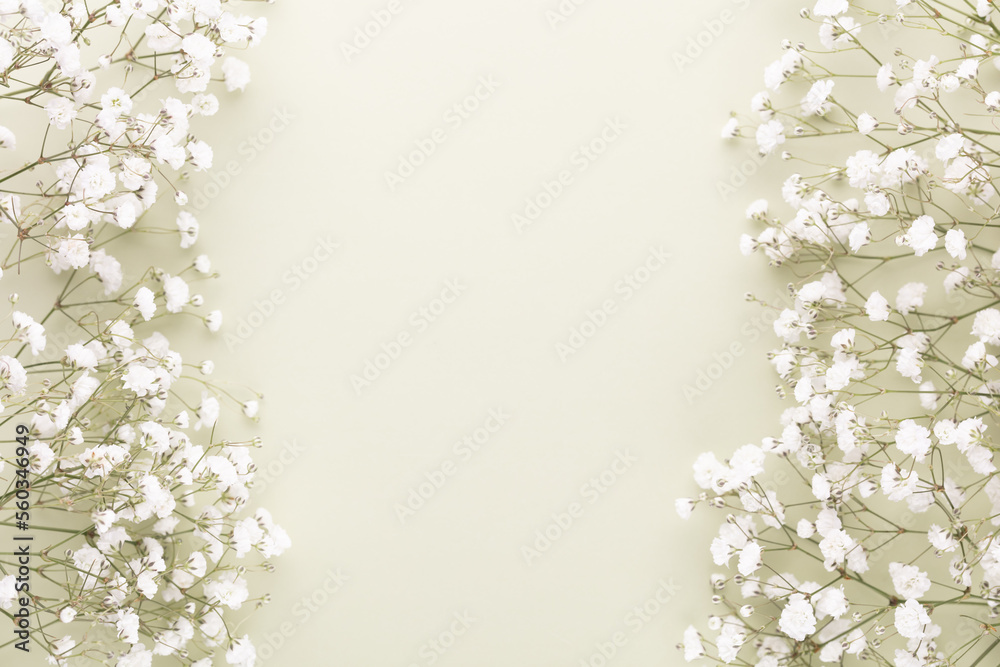Beautiful flower background of pink gypsophila flowers. Flat lay, top view. Floral pattern.