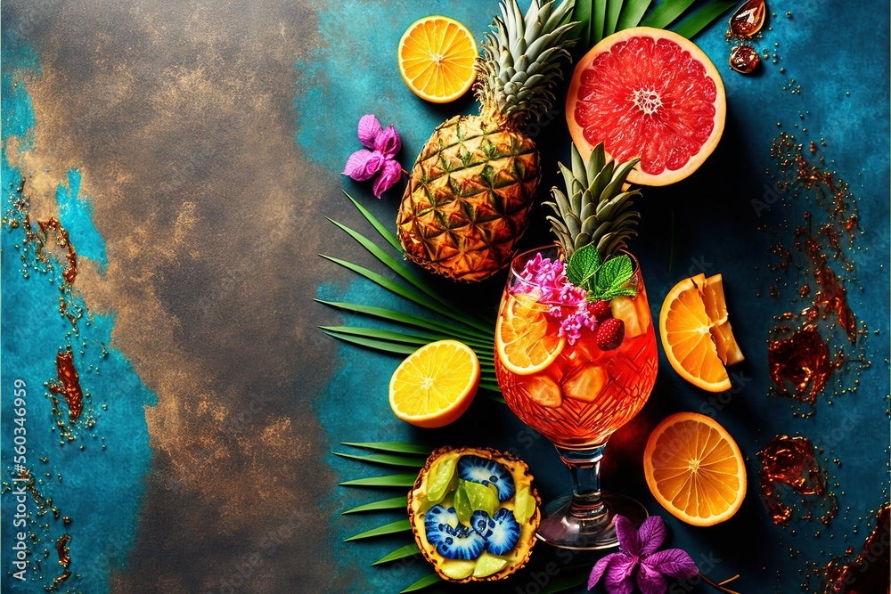  a pineapple, grapefruit, and oranges are arranged on a blue background with a blue background and a gold border around them is a pineapple, a purple flower, a.