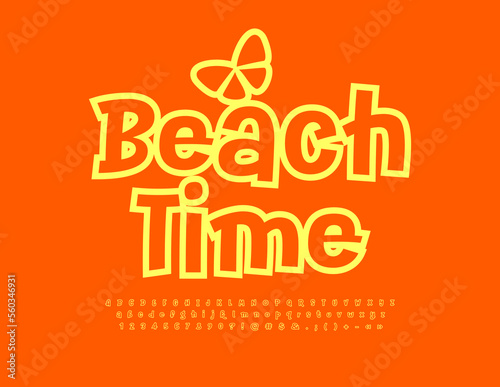 Vector bright emblem Beach Time with decorative Butterfly. Creative funny Font. Stylish Alphabet Letters, Numbers and Symbols