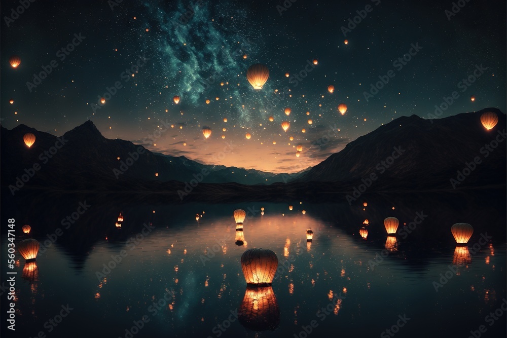 a lake filled with lots of lanterns floating in the sky above a ...