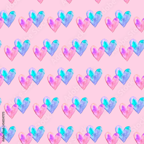 Seamless pattern with watercolor hearts. Romantic love hand drawn backgrounds texture. For greeting cards, wrapping paper, wedding, birthday, fabric, textile, Valentines Day, mothers Day, easter