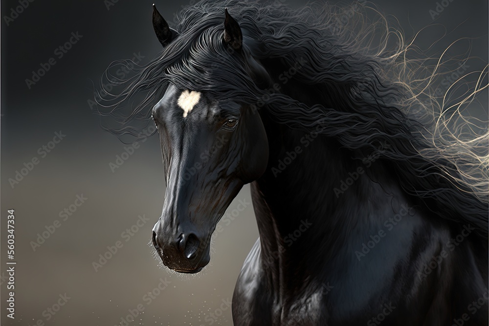 a black horse with long hair is shown in this artistic painting of a