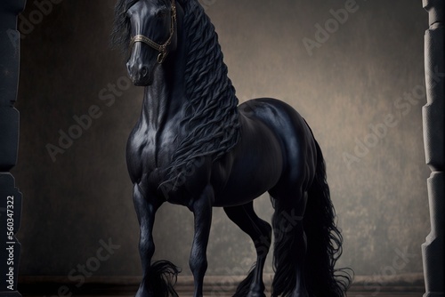  a black horse standing in a room with a dark background and a wall behind it with a gold chain around its neck and a black mane with a gold ring on the neck and a.