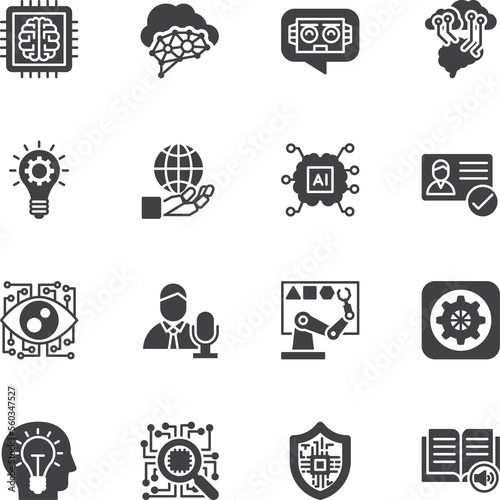 AI Artificial Intelligence technology and Machine Learning Icons, Vector Solid icons set.
