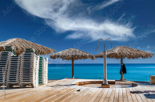 Public showers on central beach of Eilat - famous tourist resort in Israel