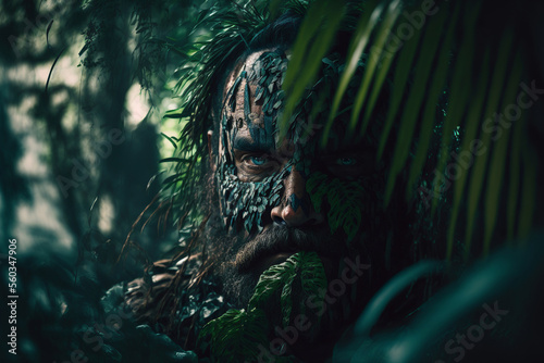 Fototapeta Naklejka Na Ścianę i Meble -  Portrait of jungle man disguise and hiding in wild forest, ai generative illustration.