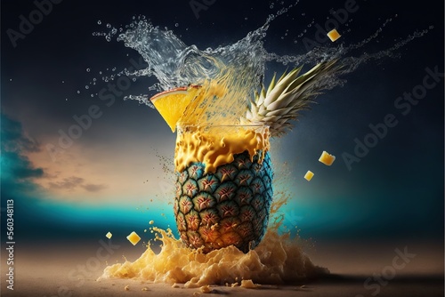  a pineapple splashing into a glass of juice with a blue sky in the background and a blue sky in the background with clouds and a few yellow squares of water splashes on the glass.