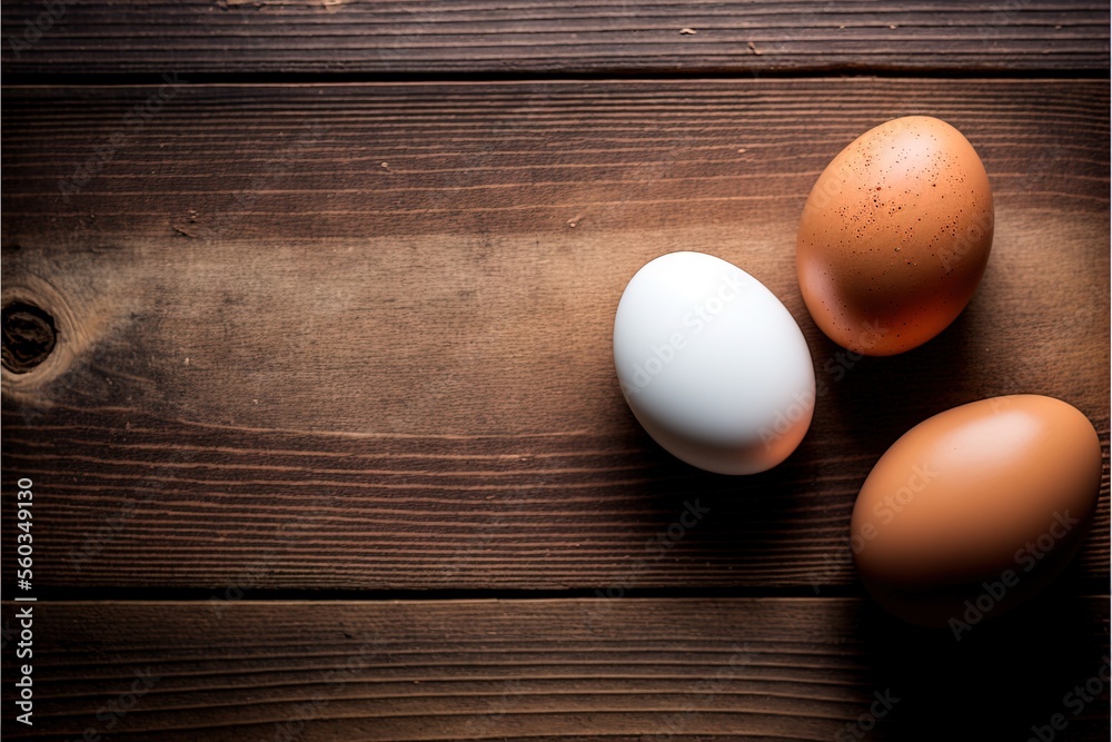 three eggs are sitting on a wooden surface together, one is brown and one is white and the other is white and brown and has a brown spot on the side of the egg shell. three eggs are sitting on a wooden surface together, one is brown and one is white and the other is white and brown and has a brown spot on the side of the egg shell.
