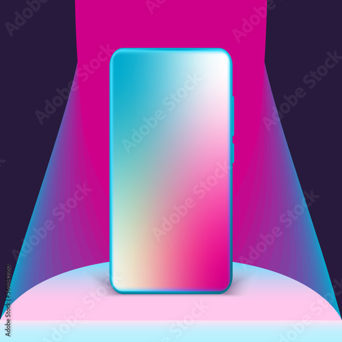 3d smartphone with empty screen for mockup mobile concept. Showcase cellphone frame display minimal scene with device phone. Mobile phone on pedestal neon holographic background. Vector illustration