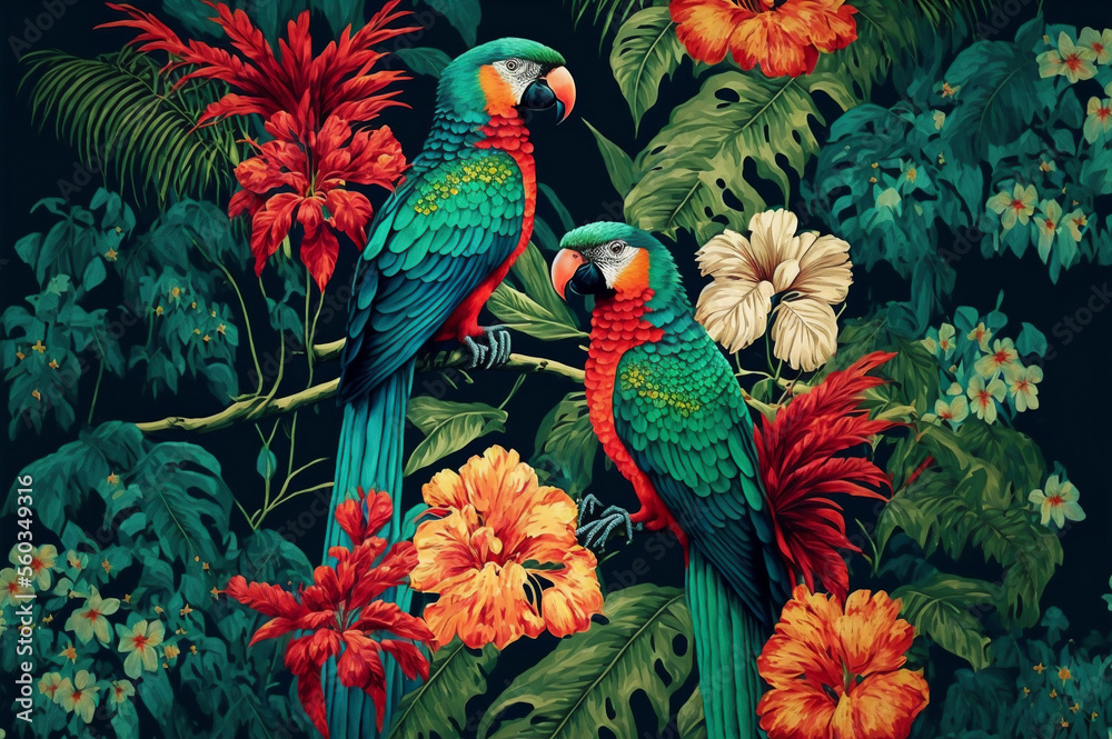 Naklejka premium Seamless pattern of parrots on the tropical branches with chinese roses, tropical leaves and flowers. Created with Generative AI technology.