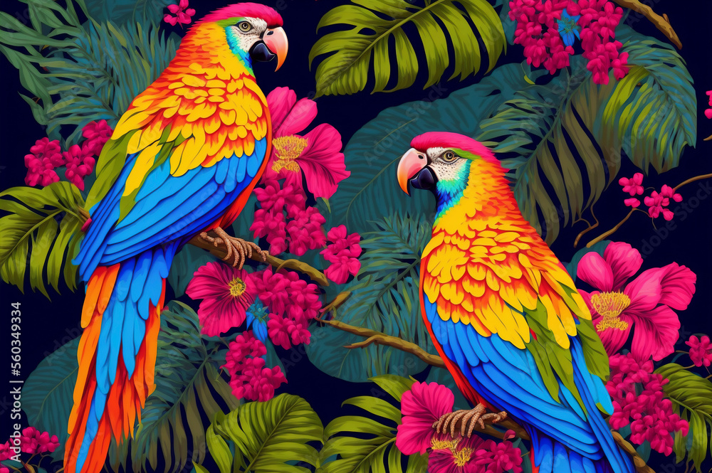 Obraz premium tropical tree pattern with tropical plants and parrots. Flowers of hibiscus, blooming ginger, strelitzia and Orchid, protea, palm leaves. Created with Generative AI technology.