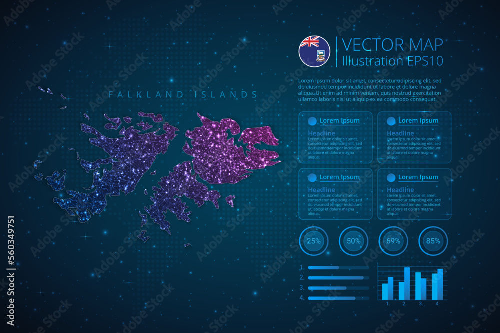 Falkland Islands map infographics template for diagram, graph, presentation and chart with abstract geometric mesh polygonal light concept on blue background. Vector Illustration EPS10.
